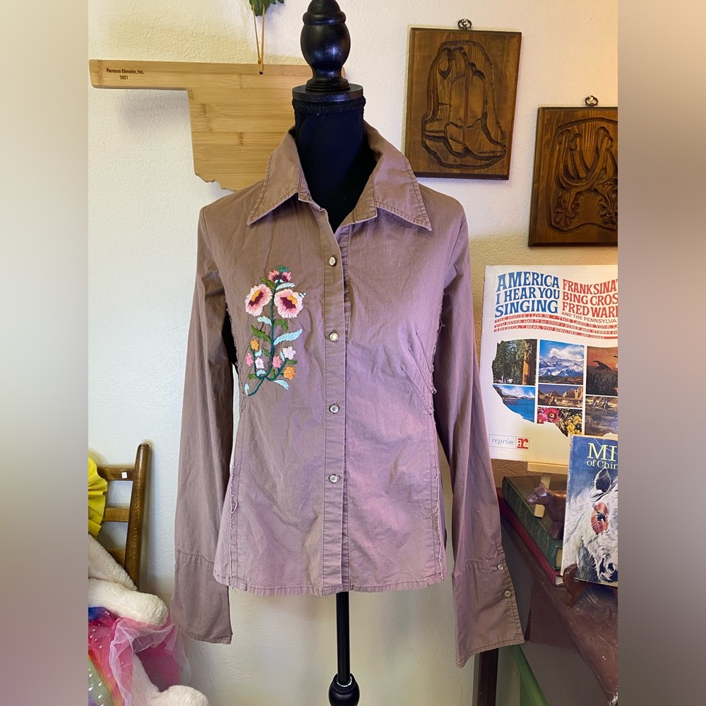 Vintage Cowgirl Pearl Button Shirt Wide Retro Cuff LARGE Brown Floral Embroidery